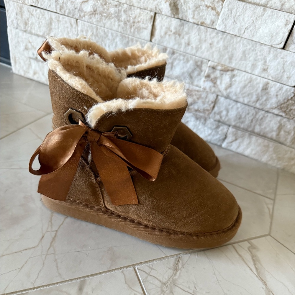 BearPaw Tan Kids Boots with Ribbon